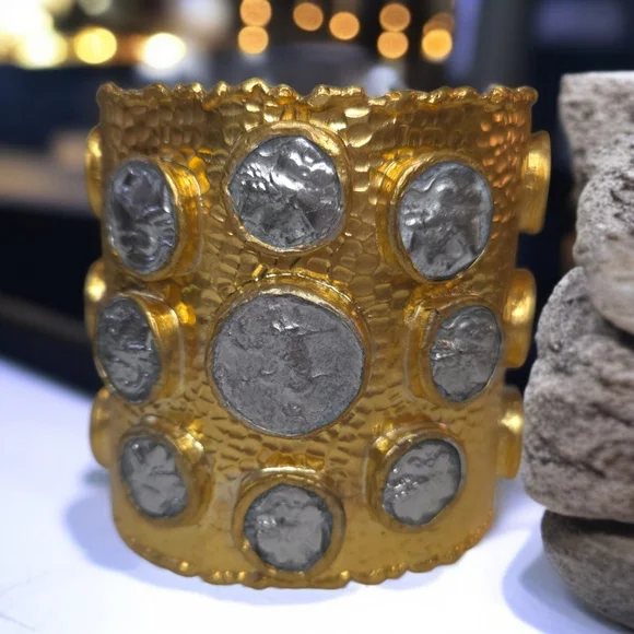 24k Gold Plated Massive Artisan Ancient Coin Cuff Bracelet - Picture 1 of 9